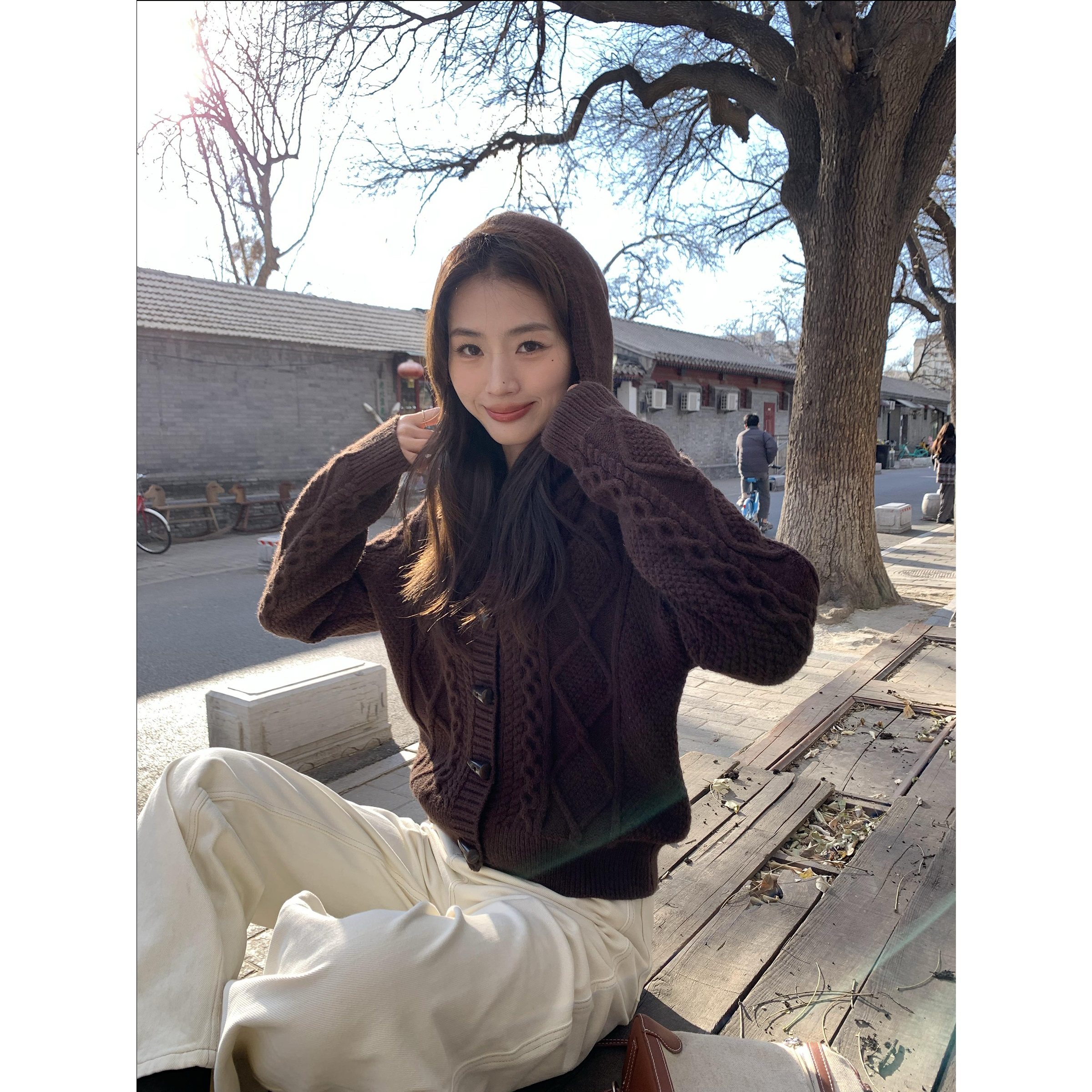 pusumede复古牛角扣连帽毛衣开衫女宽松慵懒气质麻花针织外套上衣,淘宝优惠券,粉丝福利购,淘宝优惠卷