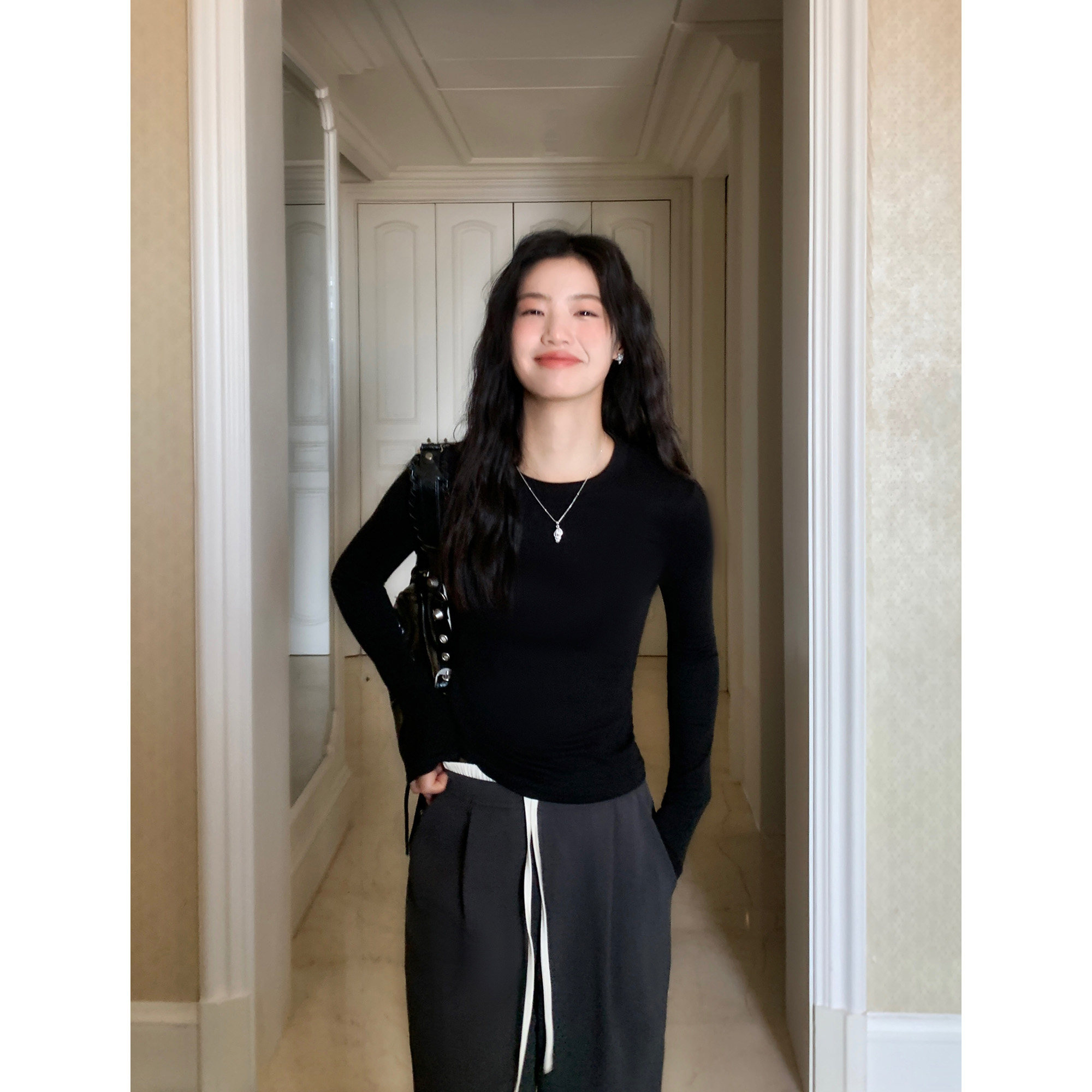 pusumede黑色圆领长袖针织衫女短款修身基础款百搭内搭打底衫上衣,淘宝优惠券,粉丝福利购,淘宝优惠卷