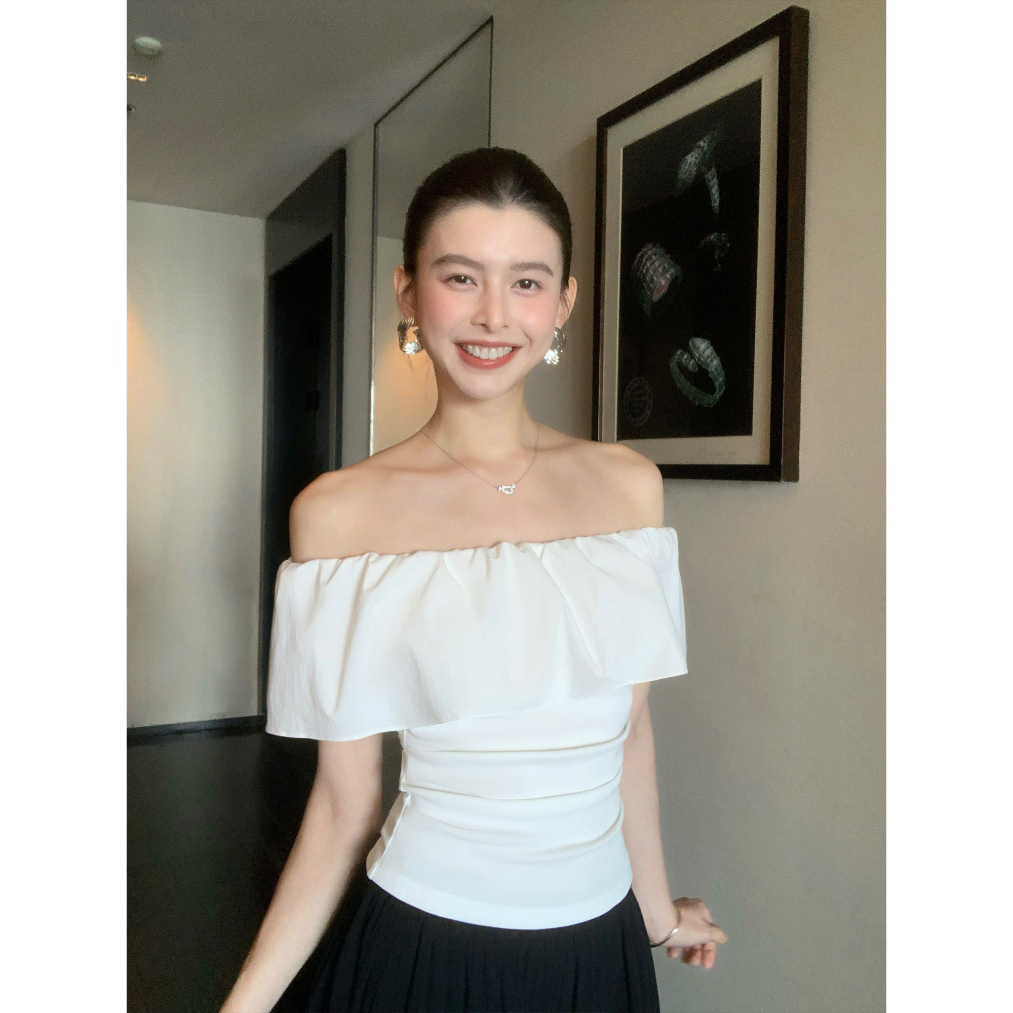 pusumede 在逃少女 荷叶边一字肩短袖t恤女漂亮别致小衫气质上衣
