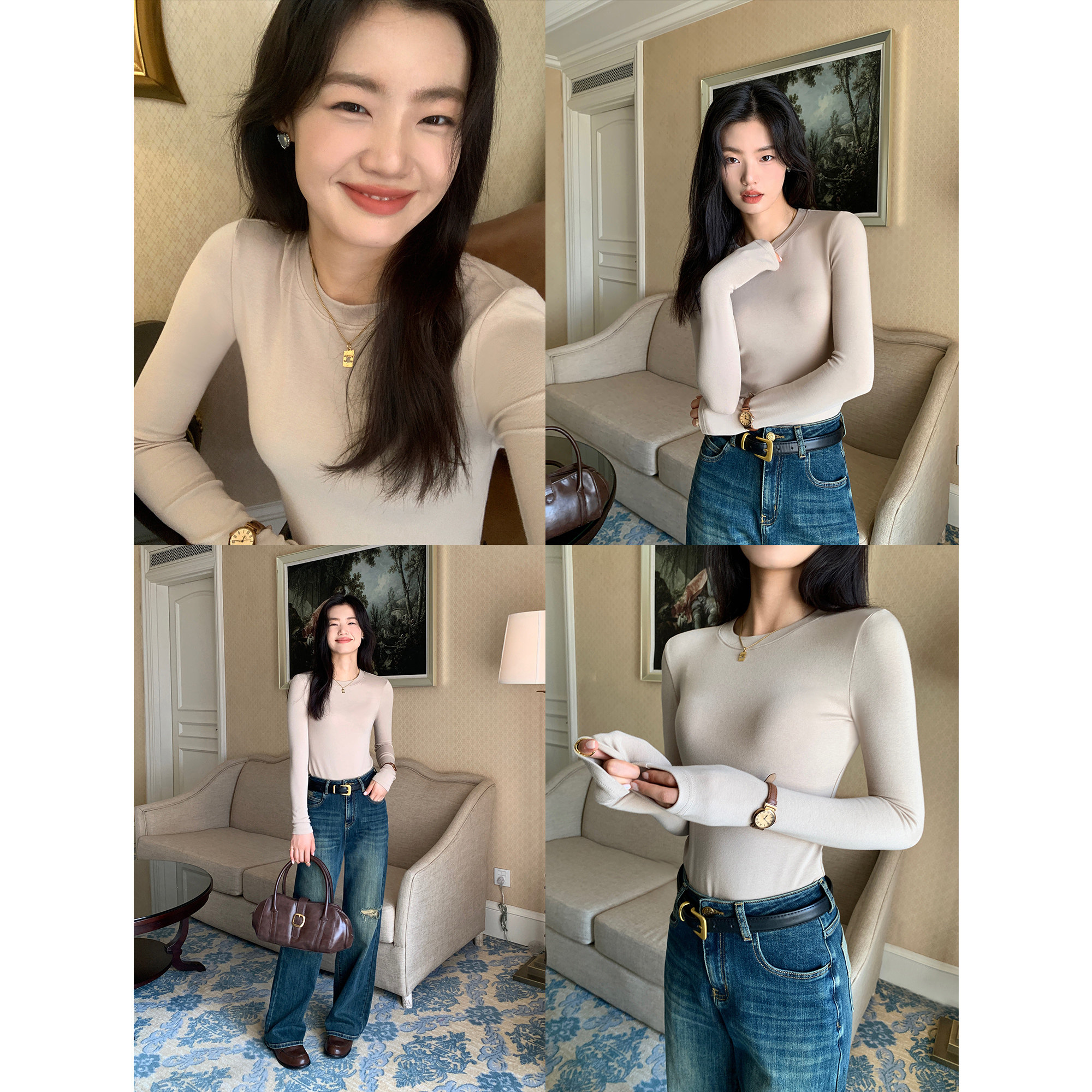 pusumede黑色圆领长袖针织衫女短款修身基础款百搭内搭打底衫上衣,淘宝优惠券,粉丝福利购,淘宝优惠卷