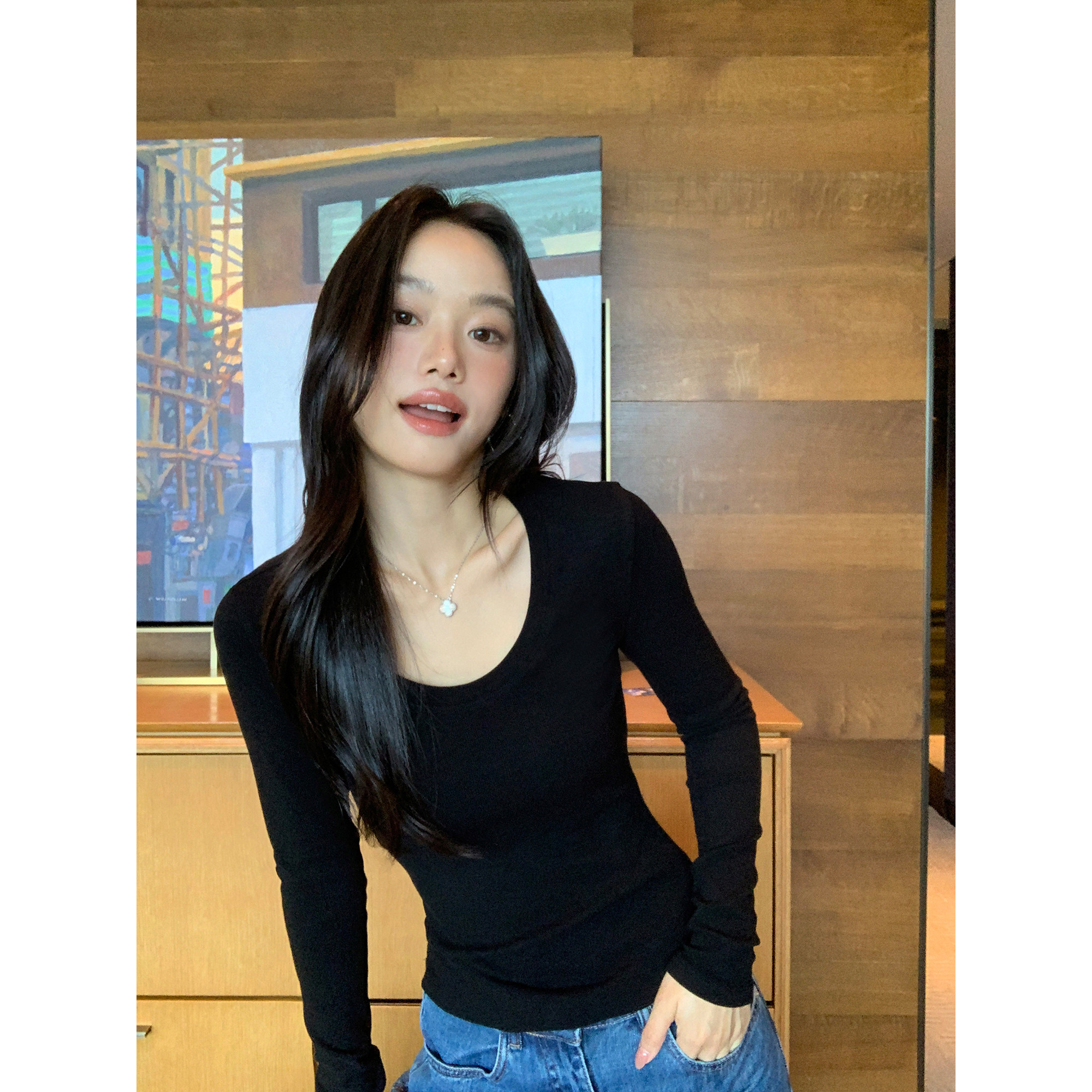 pusumede 5色可选 优雅u领长袖针织衫女修身内搭打底弹力t恤上衣,淘宝优惠券,粉丝福利购,淘宝优惠卷