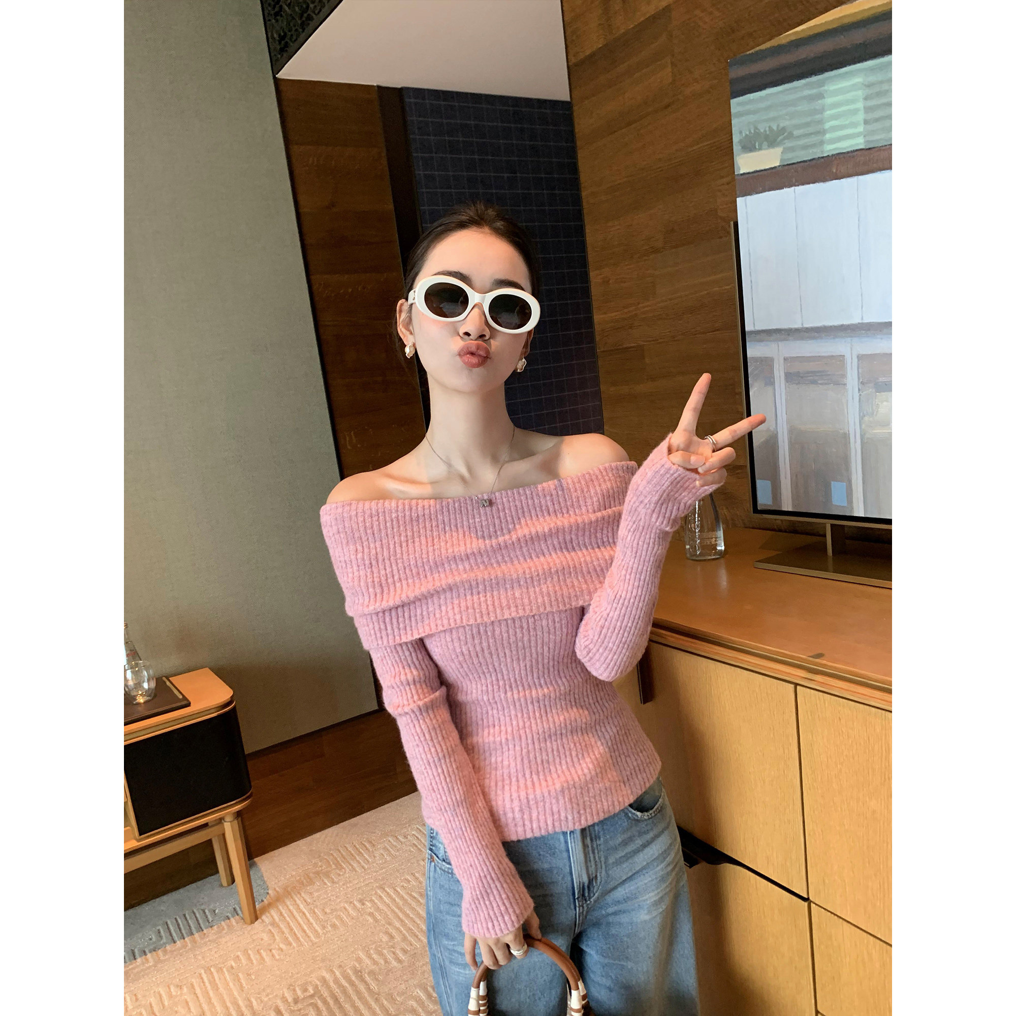 pusumede 韩系一字肩针织衫女外穿新款修身毛衣长袖气质露肩上衣,淘宝优惠券,粉丝福利购,淘宝优惠卷