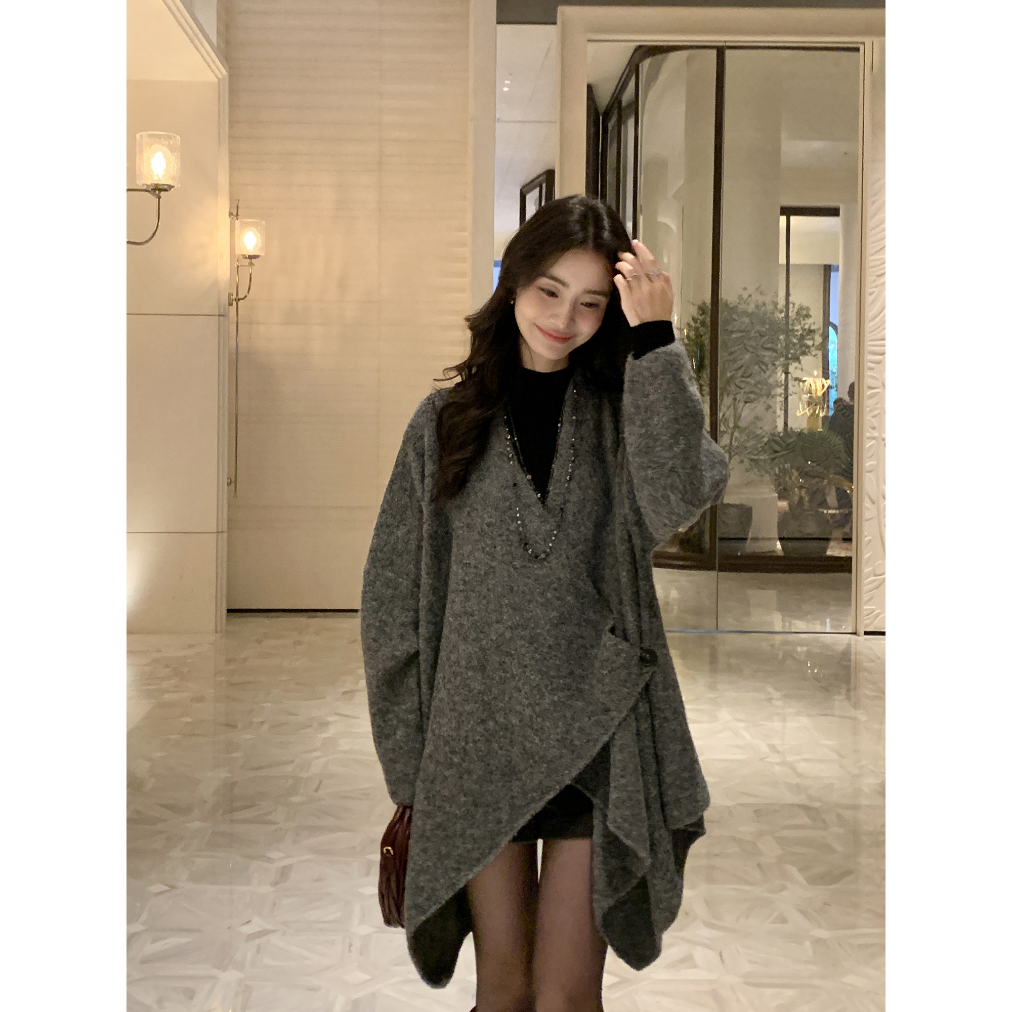 pusumede 随性松弛 灰色宽松针织开衫女软糯厚实保暖弹性毛织外套,淘宝优惠券,粉丝福利购,淘宝优惠卷