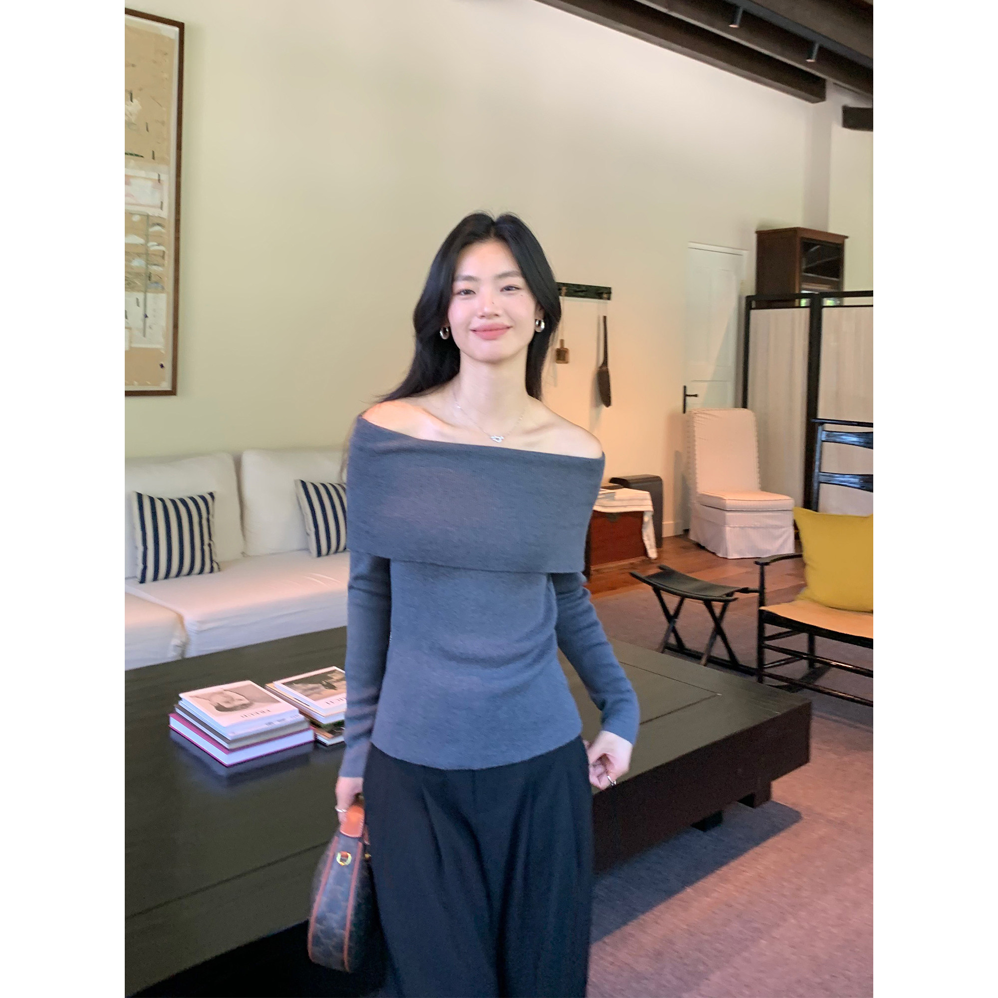 pusumede 都市轻行 黑色一字肩长袖针织衫女外穿气质露肩修身上衣,淘宝优惠券,粉丝福利购,淘宝优惠卷