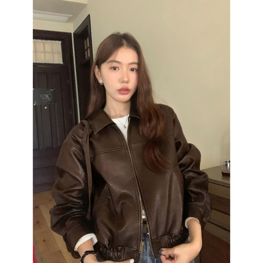 American retro pu leather jacket for women motorcycle short leather jacket