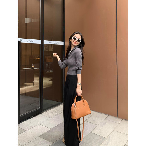 pusumede 假日格调 高领双拉链针织开衫女秋冬短款毛衣外套上衣 - 图2