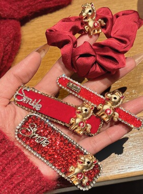 红色生肖马年本命年侧边夹一字鸭嘴夹刘海夹过年喜庆发饰bb夹发卡