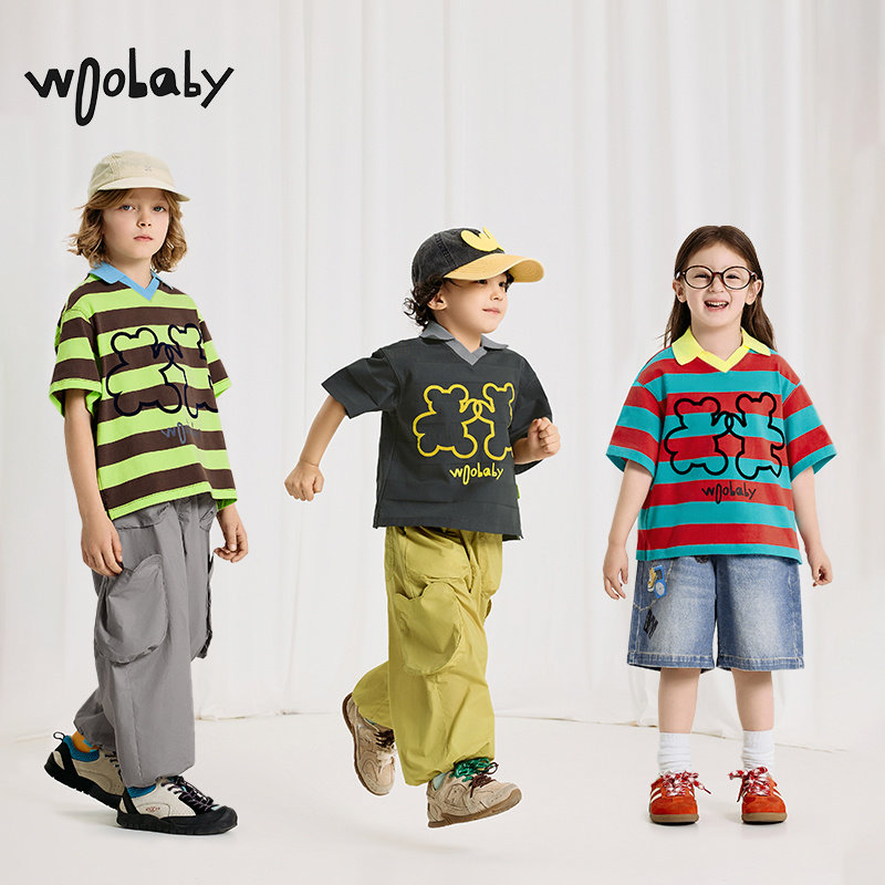 woobaby儿童短袖polo衫男女童25夏季条纹复古撞色T恤上衣,淘宝优惠券,粉丝福利购,淘宝优惠卷