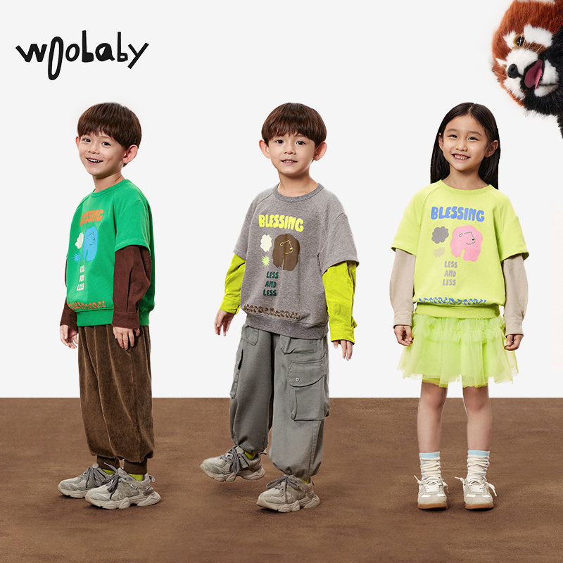 撞色衬衫拼接假两件|woobaby儿童长袖T恤男女童春秋装上衣打底衫,淘宝优惠券,粉丝福利购,淘宝优惠卷