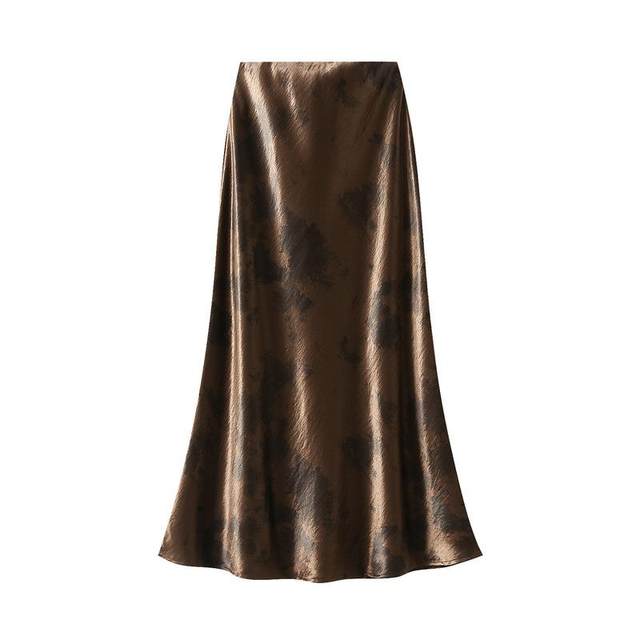 Flowing gold satin printed elastic waist tie-dyed mid-length skirt with hip-covering fishtail skirt 2025 autumn new style 9836-1
