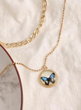 欧美新款滴胶蝴蝶吊坠双层项链锁骨链创意复古简约合金项链定制
