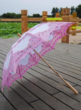 工艺花边蕾丝钩花棉布绣花伞 晴雨遮阳婚礼装饰吊装白带丽木柄伞