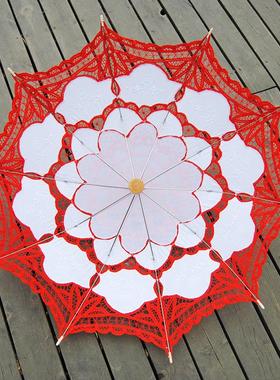 太阳钩花伞 摄影道具婚庆工艺花边蕾丝伞 棉布绣花伞 吊装木柄伞