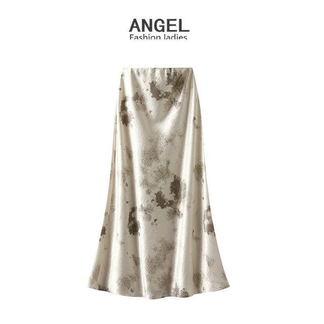 Flowing gold satin printed elastic waist tie-dyed mid-length skirt with hip-covering fishtail skirt 2025 autumn new style 9836-1