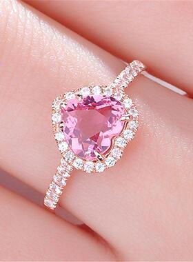 爱与美仿真粉红碧玺心形钻戒铜镀18k玫瑰金开口戒女2克拉粉钻定制