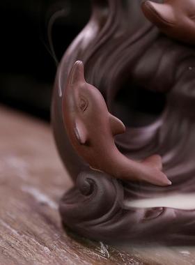 新品紫砂到流香炉工艺礼品摆件 北欧风格海豚倒流香薰炉原创定制