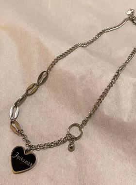 韩国2025年新款黑色爱心项链女不对称气质锁骨链毛衣链女简约定制