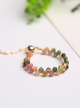 玛瑙碧玺石榴石月光石刻面圆珠抽拉编织戒指进货定制