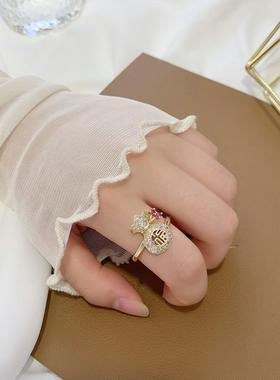 镶钻刻福字钱袋铜镀金指环手饰品微镶锆石开口戒指女久不掉色定制