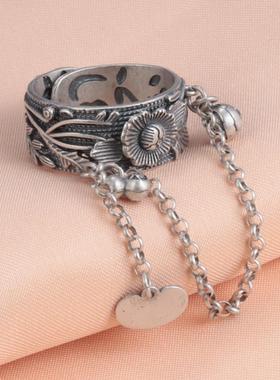 S925银牡丹花如意流苏宽面戒指复古做旧跨版开口指环饰品定制