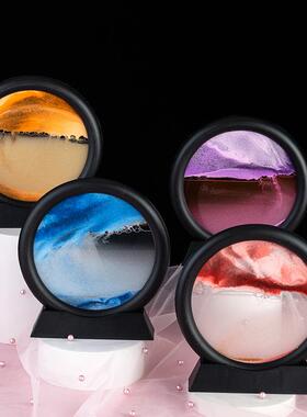 现代艺术流沙画3D山水玻璃沙漏摆件创意礼品家居装饰圆形摆件定制