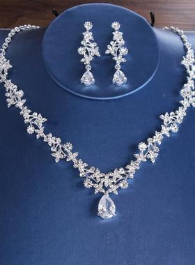新娘头饰皇冠三件套 新娘锆石套装 欧美结婚项链耳环婚礼配饰定制