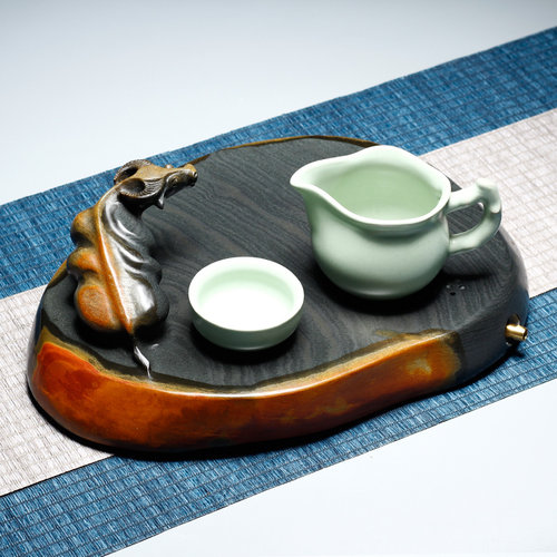 茶盘家用2023新款歙砚茶盘天然原石老坑砚台茶盘金皮籽料大尺寸小型茶盘高档送礼办公室茶盘套装摆件水牛歙砚 - 图2