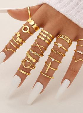 Open 22 piece set of hollow heart geometric rings个性戒指