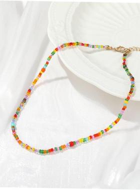 Short neck chain Hand Beaded colorful rice Bead Necklace