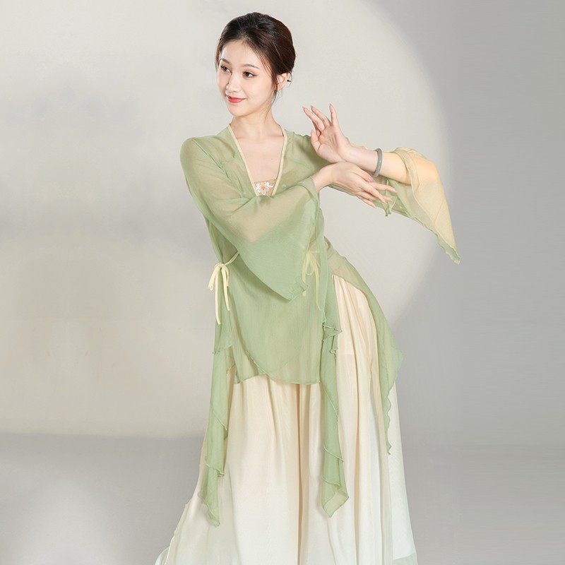 舞中曲古典舞练功服民族舞渐变双层飘逸表演服直筒雪纺宽松阔腿裤_虎窝淘