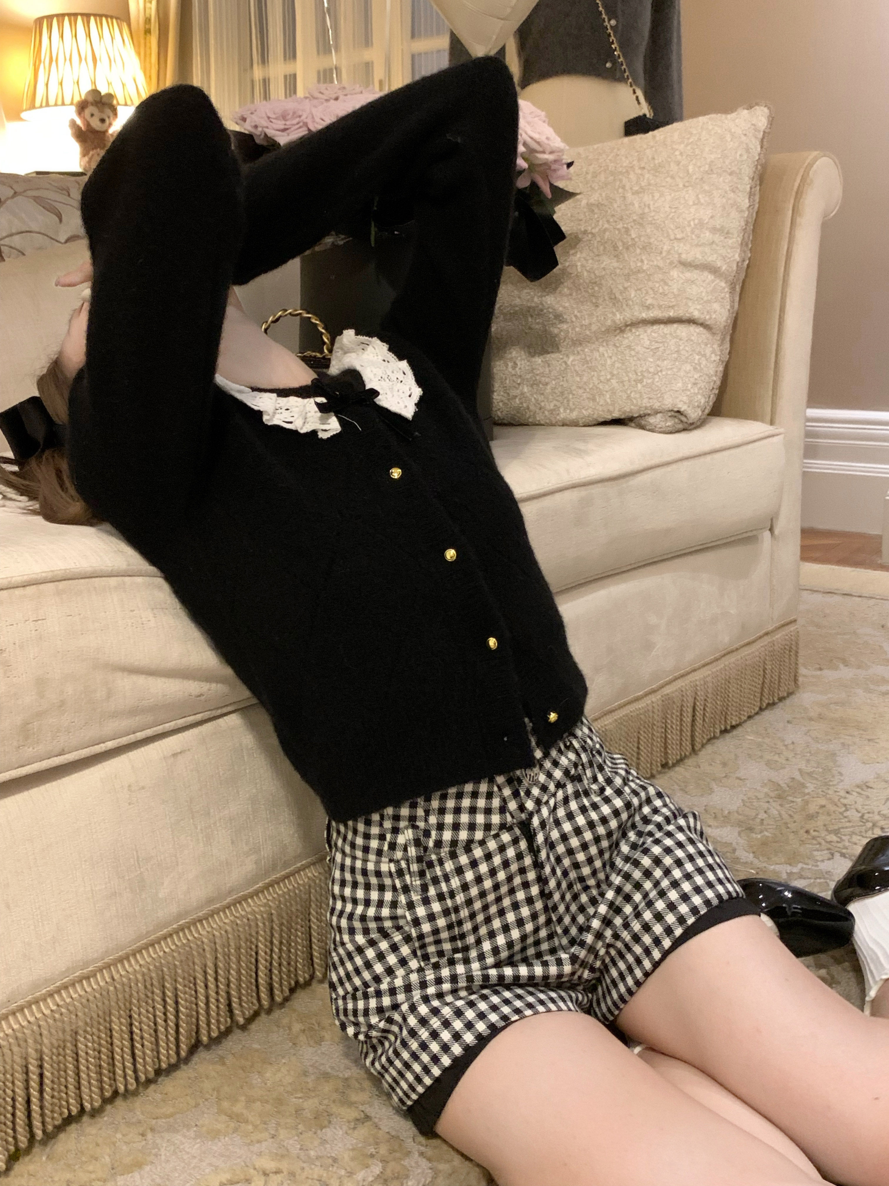 COOLLINE林子熙 黑松露 不可少的百搭丝绒/黑白格花苞短裤女,淘宝优惠券,粉丝福利购,淘宝优惠卷