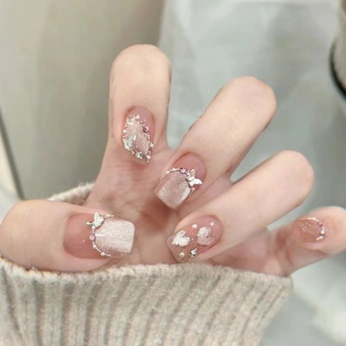 曼辞法式猫眼蝴蝶穿戴甲水光玻璃珠钻石纯欲风手工美甲短款假指甲 - 图1