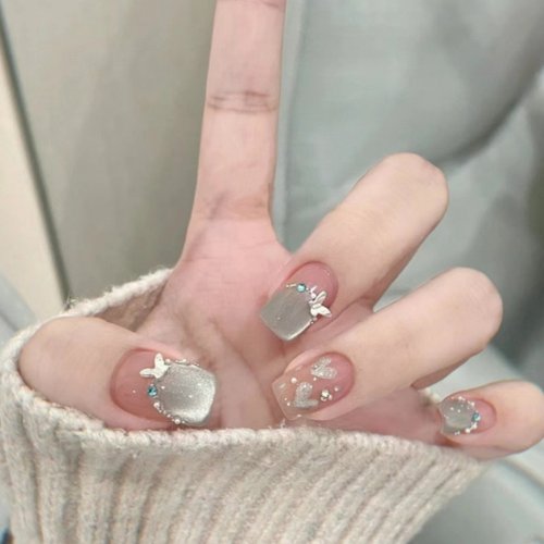 曼辞法式猫眼蝴蝶穿戴甲水光玻璃珠钻石纯欲风手工美甲短款假指甲 - 图0