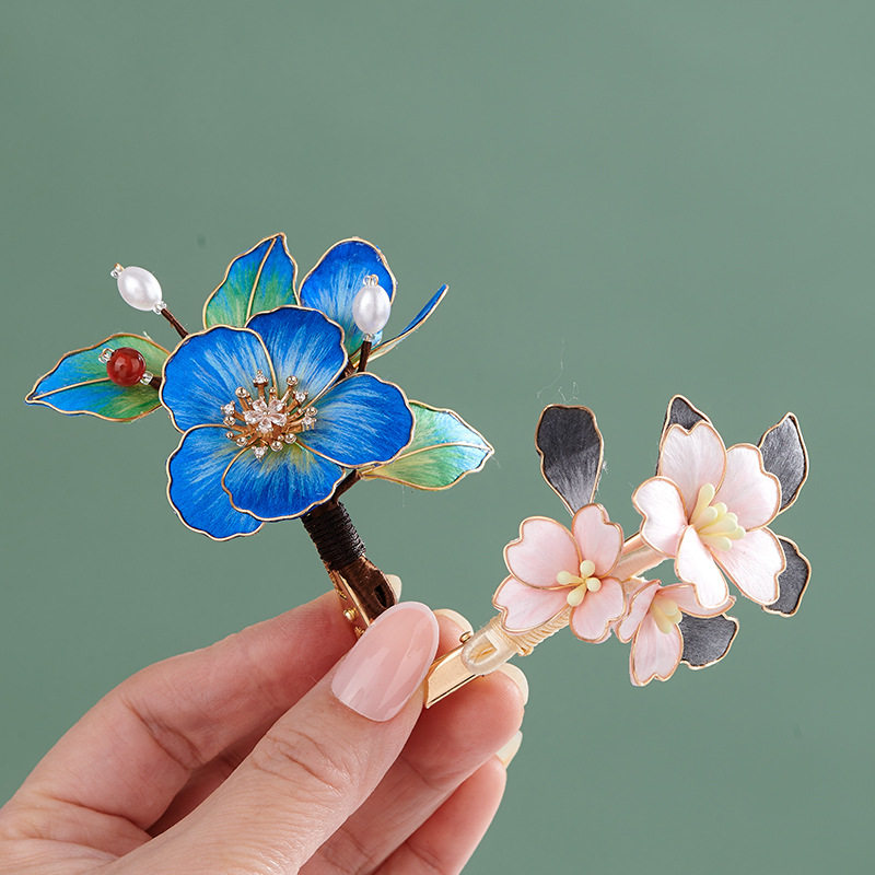 新中式非遗蚕丝花朵发夹手工复古绒花鸭嘴夹现代古装汉服边夹头饰,淘宝优惠券,粉丝福利购,淘宝优惠卷