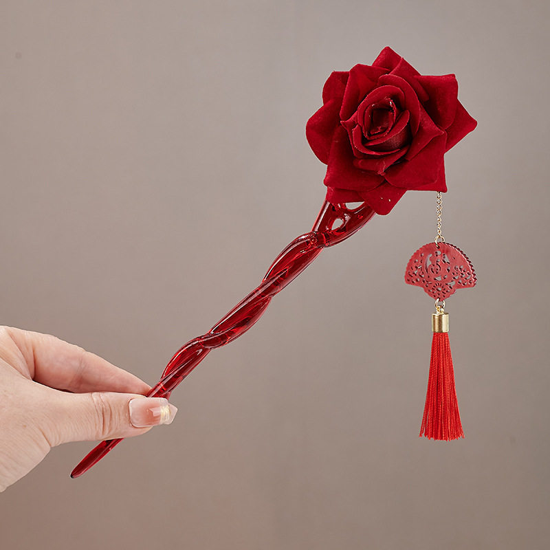 新中式红色玫瑰流苏发簪古风婚庆头饰喜庆发钗新年氛围感气质头饰,淘宝优惠券,粉丝福利购,淘宝优惠卷