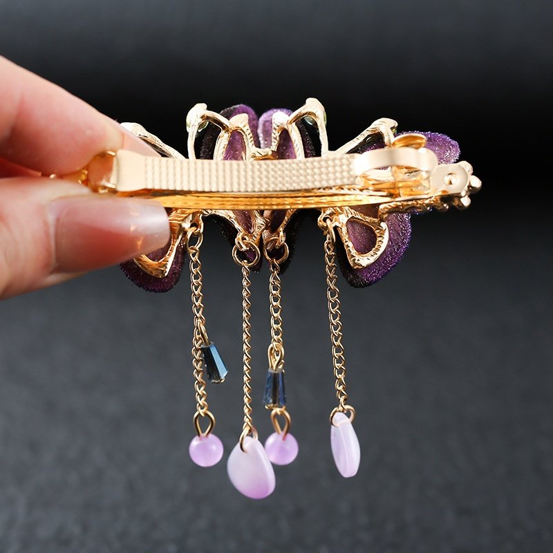 复古刺绣布蝴蝶流苏发夹网红风时尚一字夹新中式古风盘发合金顶夹,淘宝优惠券,粉丝福利购,淘宝优惠卷