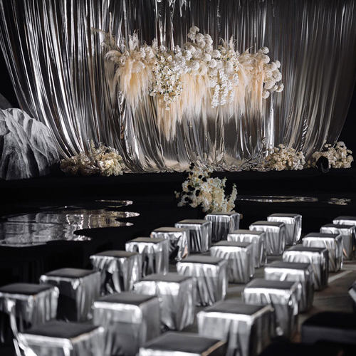 婚庆弹力烫金布婚礼现场镜面装饰金色银布褶皱布舞台背景吊顶布置 - 图2