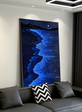 轻奢高级感客厅装饰画蓝色海浪抽象油画肌理大白墙沙发背景墙挂画