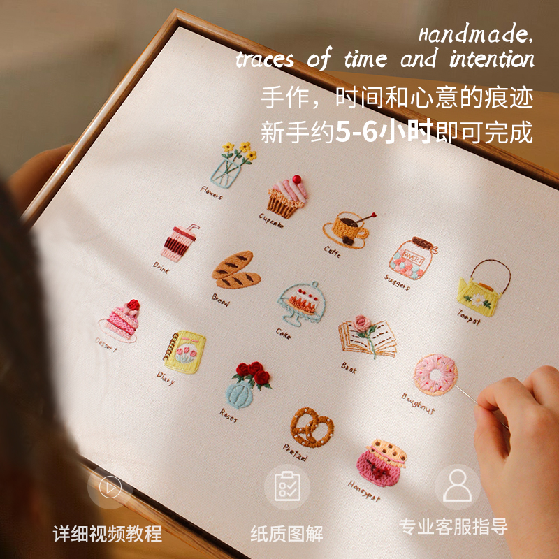 小红书同款蛋糕刺绣手工diy材料包立体茶咖相框棉麻装饰画礼物 - 图0