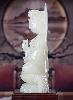 藏钰福天然玉石摆件坐莲观音