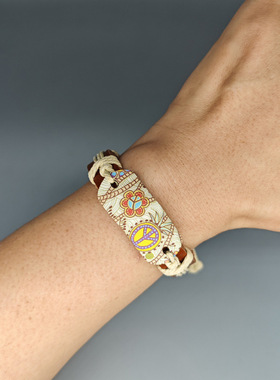 欧美流行日韩麻绳编织学生手链复古风烫画和平标志皮革女一件