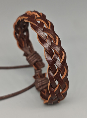 花百饰商贸复古皮革手环简约编织网红手链手绳素色棕可调小众