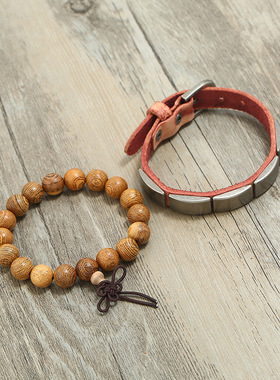 庞克厂家直供复古做旧牛皮手链简约diy组合套装木珠手链男士饰品