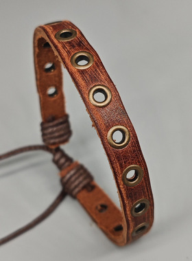 跨境镂空气孔窄手绳复古棕色气眼牛皮手链男编织皮革手环可调