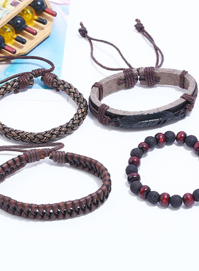 欧美跨境新品复古diy套装仿牛皮手链简约编织男士羽毛手链手绳