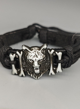 欧美网红热销藏式复古编织皮革合金狼头pu可调手链手绳男一件