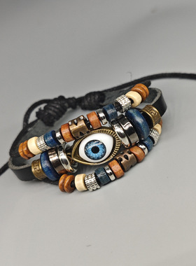 跨境国潮手环网红编织串珠眼睛皮革手链情侣欧美多层抽拉可调