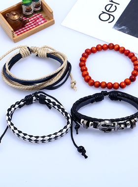 欧美跨境配件手工编织个性四件套牛皮手链diy套装船锚皮革手链