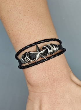 货源五角星串珠牛皮手链个性编织学生饰品可调节皮革手链