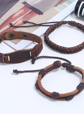 一件新款三件套真牛皮手链 简约diy套装男士编织手链饰品